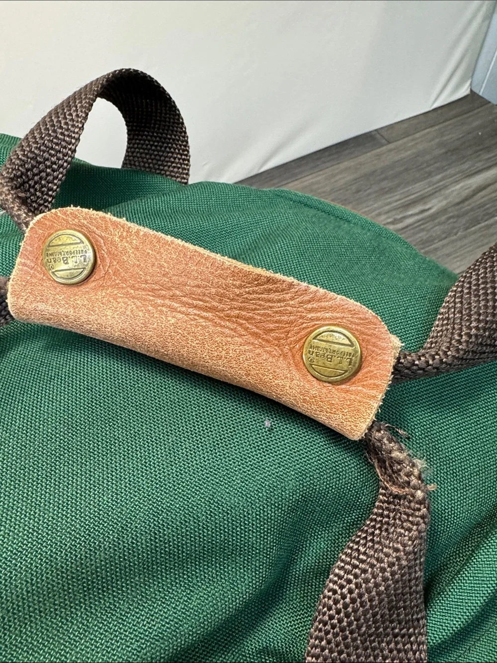 LL bean Green Canvas & Brown Leather Travel Duffel Bag